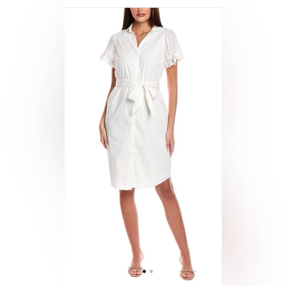 Tahari white Midi Shirt Dress with Lace Sleeves NWT